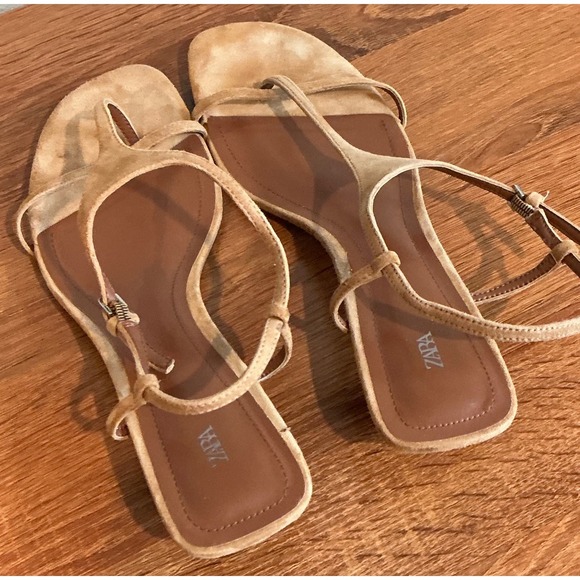 Zara sandals Womens size 40 suede kitten heels brown Sling Back straps $109 - Picture 5 of 6